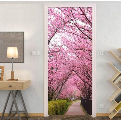 Pink Cherry Blossom Path Landscape Door Sticker Wedding House Living Room Wallpaper Home Decor 3D Wall Decals PVC Self-Adhesive