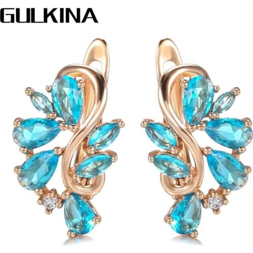Gulkina Hot Natural Blue Zircon Stud Earrings for Women 585 Rose Gold Crystal Flower Earrings Vintage Wedding Jewelry