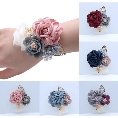 Prom Cloth Rose Flower Party Wrist Flower Wedding Boutonnieres Hot Pink Bridesmaid Corsage Hand Flowers For Marriage Accessories