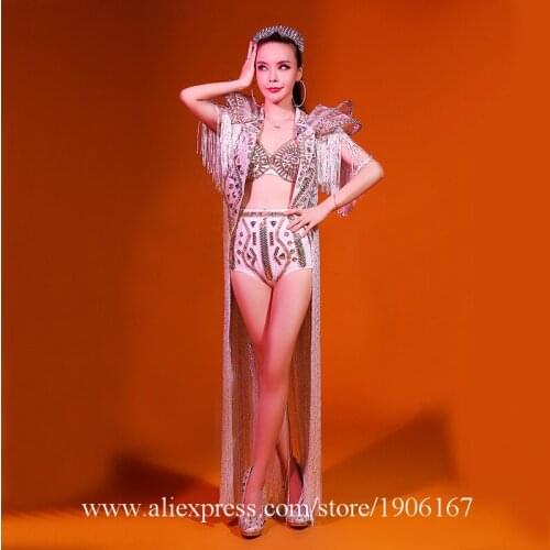 Bar Nightclub Singer DJ Dance Team Leader Clothe Party Evening Dress Sexy White Tassel Shiny Rhinestone Stage Performance Suit