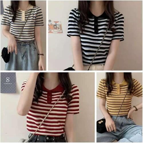 Womens Top Summer Korean Style Short T-shirt Slim Multipurpose Versatile Polo Stripe T-shirt for Women