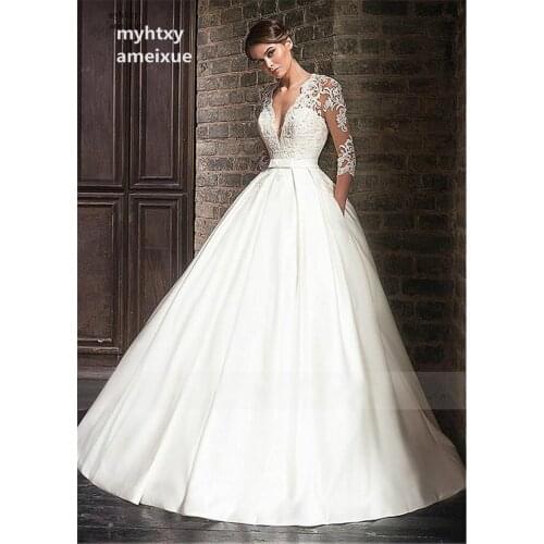 Marvelous Satin V-neck A-line Cheap Sexy Wedding Dresses 2020 Lace Appliques Half Sleeves Bridal Dress Pocket Vestido De Noiva