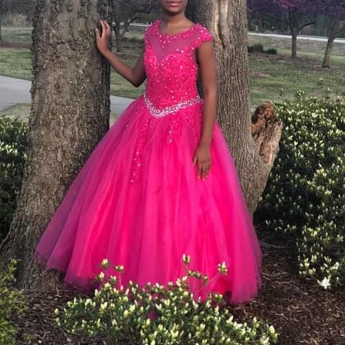 CharmingBridal Women Boat Neck Illusion Tulle Ball Gown Beaded Basque Waist Floor Length Quinceanera Dress for Sweet 16 Birthday