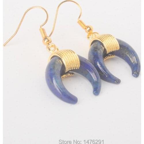 20X20MM Lapis lazuli Obsidian Clear Rose Pink Quartz Opal Tigers Eye Abalone Shell Moon Bead Golden Hook Dangle Earrings 1Pair