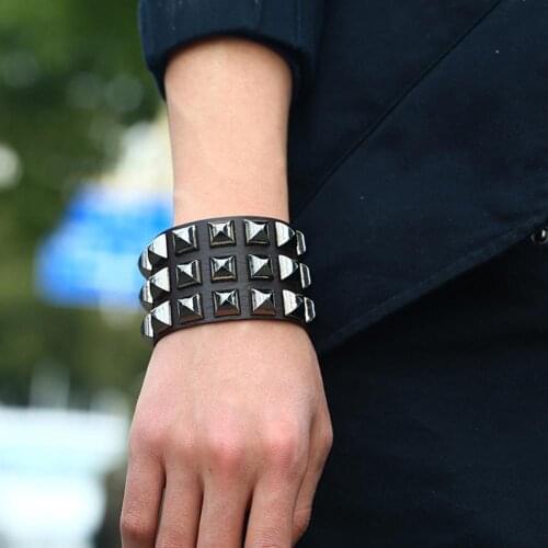 60%HOTPunk Men Women Club Square Rivet Studded Wide Cuff Faux Leather Bangle Bracelet