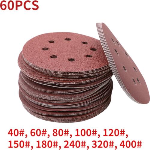 60pcs Round Sandpaper 5 Inch 8 Hole Disk Sand Sheets 40-400 Grit Hook and Loop Sanding Disc Polish Abrasive Tools
