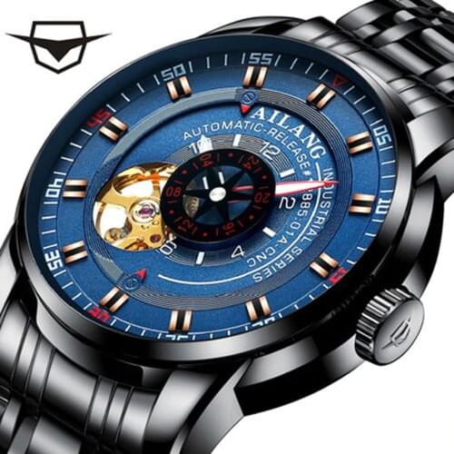 AILANG Mens Watch Luxury Brand Automatic Tourbillon Mechanical Mens Sports Watch Skeleton Full Steel Waterproof Watch