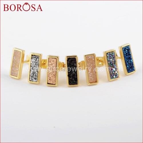 BOROSA 5/10Pairs Rectangle Gold Color Bezel Rainbow Titanium Druzy Stud Earrings Drusy Earring Gems Jewelry for Women ZG0280