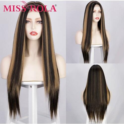 MISS ROLA Long Black Brown Gloden Synthetic Wig Women Heat Resistant Cosplay Middle Part Hair