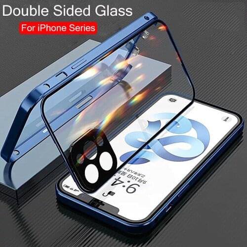 Double Sided Glass Magnetic Metal Phone Case for iPhone 11 12 Pro Max Tempered Glass Cover 360 Full Camera Lens Protector Film