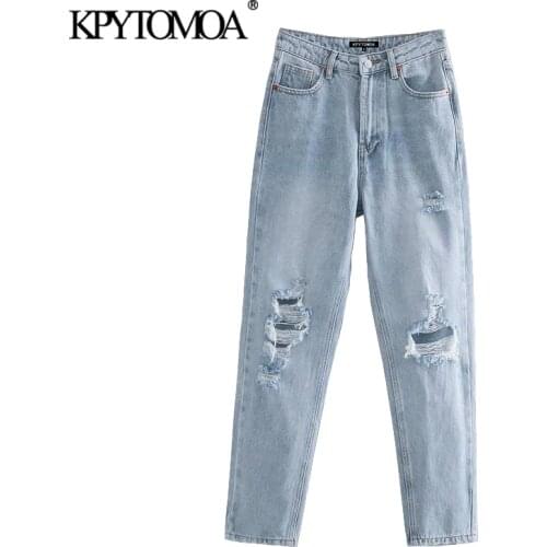 KPYTOMOA Women 2020 Chic Fashion Ripped Hole Side Pockets Jeans Vintage High Waist Zipper Fly Denim Female Ankle Trousers Mujer