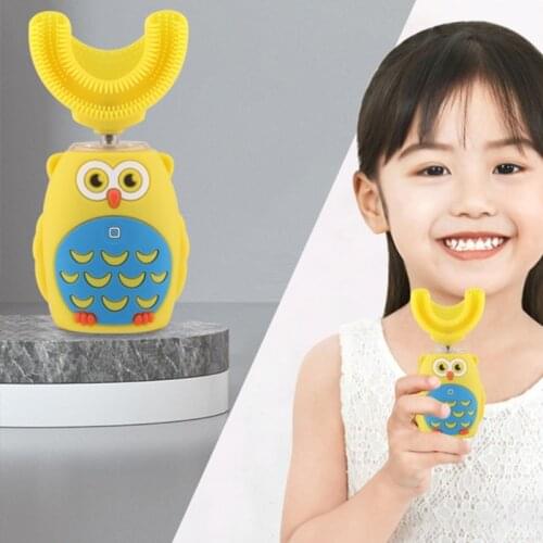 Q1QD Kids Electric Ultrasonic Toothbrush U Shaped Cartoon Owl Rechargeable Intelligent Voice Silicone Automatic Teeth Cleaner