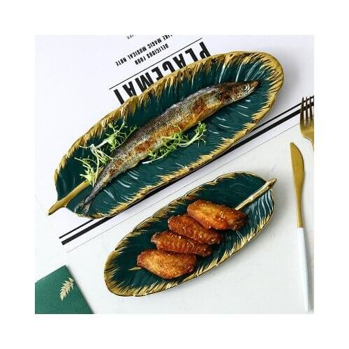 Ceramic Green Leaf Glod Feather Platter Storage Tray with Glod Rim Jewelry Makeup Brush Storage Decorative Sushi Plate