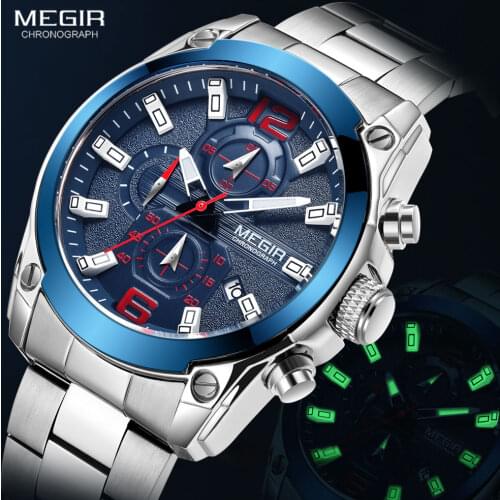 MEGIR Mens Watches Fashion Luxury Stainless Steel Wristwatch for Man Luminous Chronograph Quartz Watch Relogios мужские часы