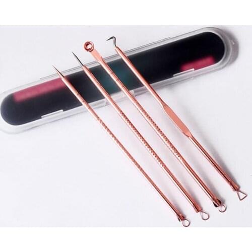 4 Pcs Rose Stainless Steel Blackhead Remover Tool Kit Face Massage Whitehead Pimple Spot Comedone Acne Extractor Face Massager