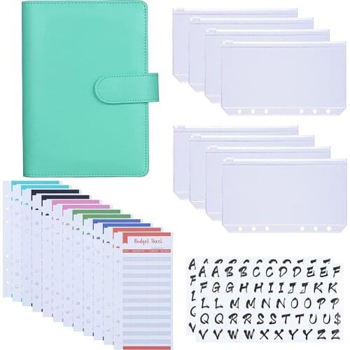 A6 PU Binder Cover Cash Envelopes System with 8PCS A6 Binder Pockets, 12 Expense Budget Sheets,2PCS 26 Letter Sticker Labels