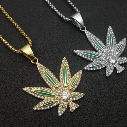 Titanium steel gold zircon hemp leaf lovers pendant necklace