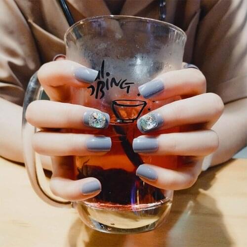 Girls Simple Grey Color False Nails Women Charm Delicate Rhinestones Fake Nails 3D Square Alloy Fashion Nail Art Tips with Glue