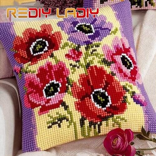 REDIY Cross Stitch Cushion Cover SUNFLOWERS Decorative Pillow Case Chunky Yarn Cross-Stitch Kit Cushions for Sofas Throw Pillows