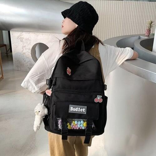 Harajuku Cute Badge Pin Womens Backpack Solid Color Nylon Large Capacity Student Bookbag 2021