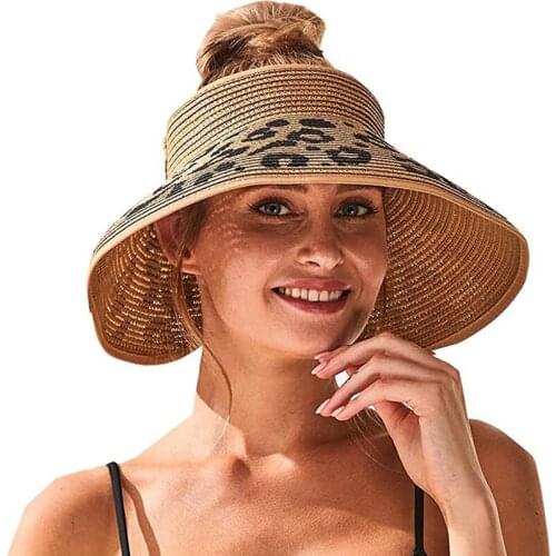 2021 Summer Fashion Leopard Women Straw Hats Sun Hats Female Wide Brim Beach Hat Bow Summer Hat Anti Uv Straw Sun Hats
