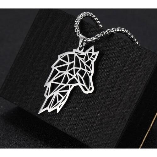 Teamer Punk Fox Wolf Head Pendant Necklace Men Women Statement Hollow Geometric Pet Animal Stainless Steel Collier Chain Jewelry