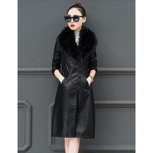 High-end Leather Jacket Womens 2019 Autumn Winter New Fur Collar Long Plus Velvet Thick Cotton Coat PU Leather Warm Overcoat