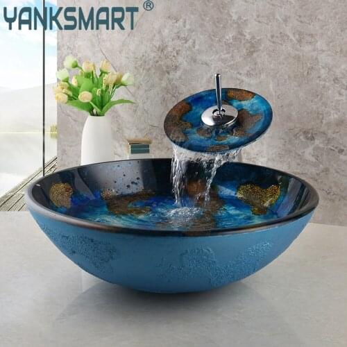YANKSMART Blue Round Tempred Glass Basin Sink Bathroom Faucet Set Washbasin Vessel Vanity Counter Top Mixer Water Faucet Pop-up