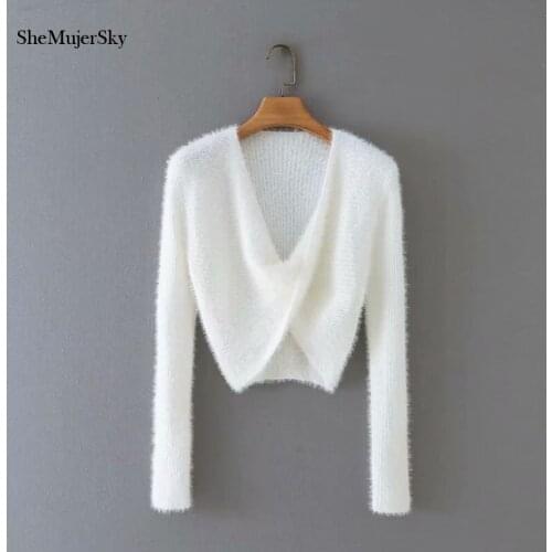 SheMujerSky Women Fur White Sweaters Knitted Elastic Cross V-neck Cropped Pullovers 2021 Long Sleeve Sweater