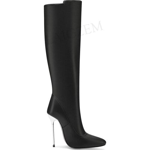 LAIGZEM Women Knee High Boots Faux Leather Stiletto 12.5CM Metal Heels Boots Side Zip Shoes Woman Botas Mujer Big Size 39 43 44