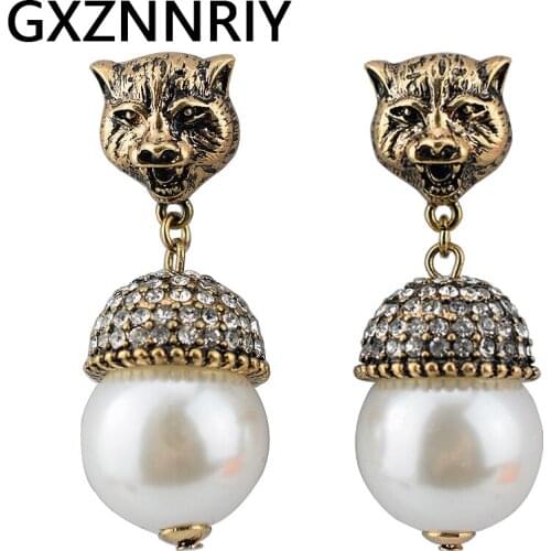 GXZNNRIY Antique Gold Leopard Head Earrings for Women Rhinestone Pearl Drop Earrings 2019 Vintage Earings Jewelry Accessories