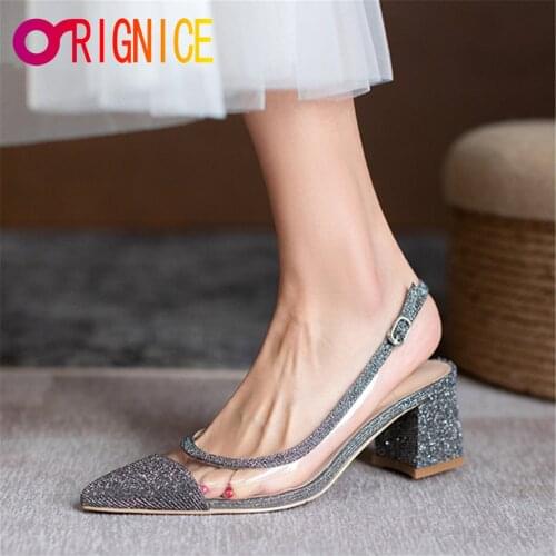 Orignice Womens Bling Sequined Cloth Strap Pumps Fashion Square High Heels Spring Summer Pointed Toe Slingbacks Dress Shoes