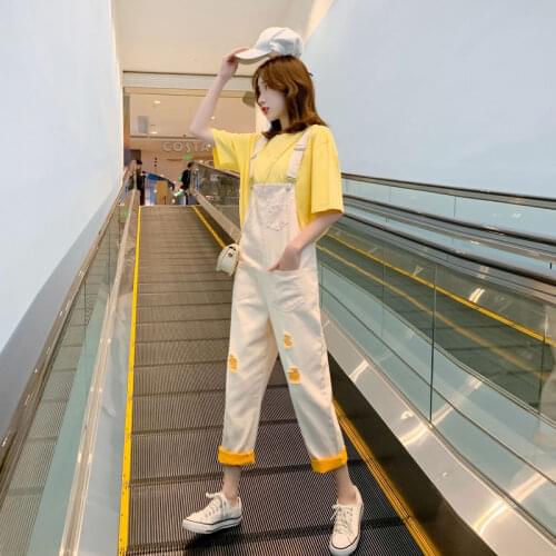 Spring Womens Overalls Jeans New T-shirt And Denim Jumpsuit Suit Loose Suspenders Jeans Casual Female Trousers Rompers 2PCS 701