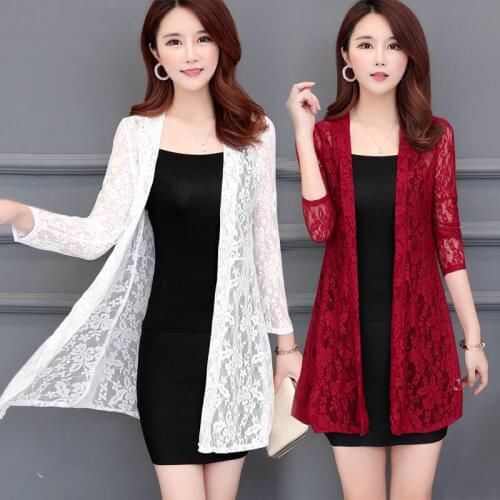 5XL Plus Size Summer Lace Cardigan Long Hollow Sunscreen Jacket Women Casual Pink Black Red White Long-sleeve Thin Coat Y932