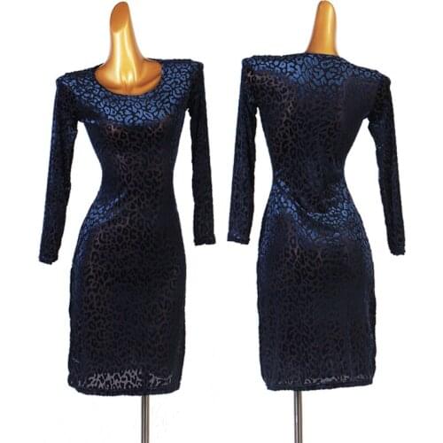 Blue Leopard Latin Dance Dress Women Long Sleeve Rumba Competition Dancewear Cha Cha Tango Performance Stage Clothing VDB3827