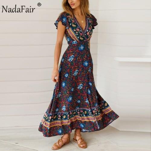 Nadafair Vintage Floral Maxi Dresses Elegant Beach Sash Sexy V Neck Split Print Tunic Long Summer Boho Dress Women Vestidos