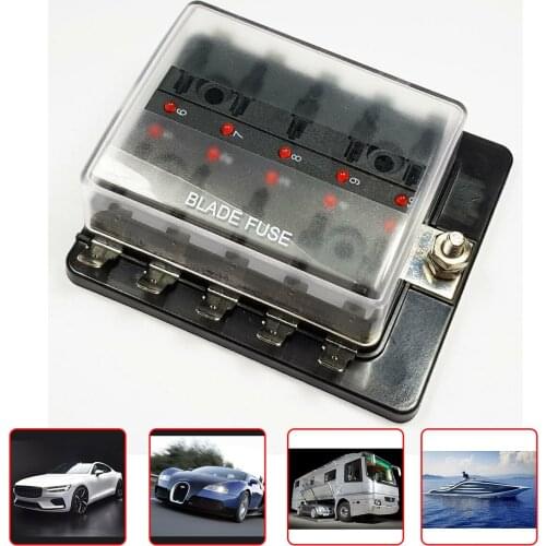 10 Way Car Blade Fuse Box Holder Circuit Standard With Plastic Cover 12V 24V Car Fuse Accessories For Marine RV Camper Boat Van