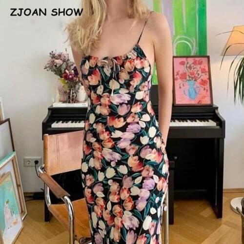 2021 Summer Tulip Flower Print Backless Sling Dress Summer Holiday Woman Adjust Spaghetti Strap Dresses Beach Holiday Vestidos