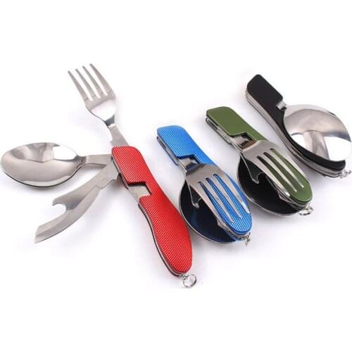 Stainless Steel Multi-function 4 in 1 Folding Knife&Bottle Opener Outdoor Camping Picnic Tableware