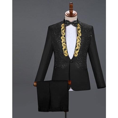Red Men Suits for Wedding Gold Embroidered Diamond Groom Costume Mens Suits 2 Piece Party Prom Men Tuxedo Men Suit Set