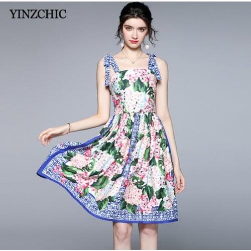 Summer New Woman Floral Dress Fashion A-line Line Skirts for Female Travel Style Mid Speghtti Vestidos Femme Party Beach