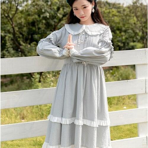 Kawaii Dress Women 2021 Vestido Spring Japanese Soft Girl Long-Sleeved Ruffle Stitching Doll Collar Sweet Cute Dresses Lolita