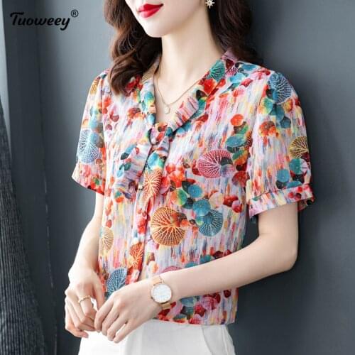 Fashion Floral Print Ladies Female Women short Sleeve Chiffon Blouse Shirt Loose Buttons Tops Tee Casual Summer Blusas Pullover