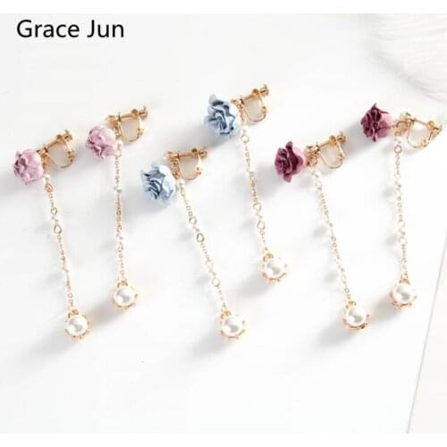 Korea Style Fashion Pearl Cloth Rose Flower Tassel Clip on Earrings No Pierced for Women Party Prom Charm Jewelry Good Gift New