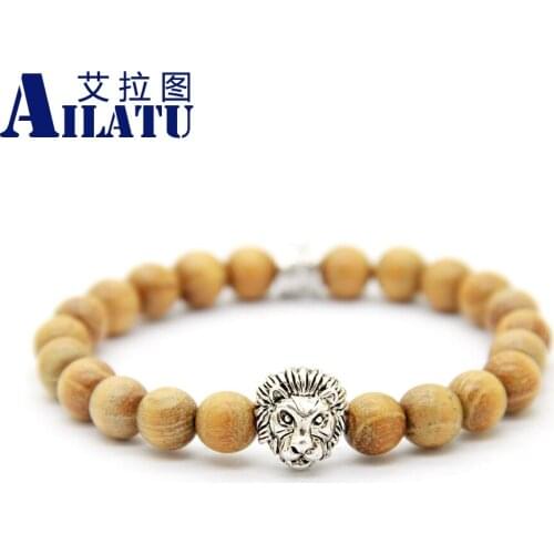 Ailatu Fashion High Quality Masculinas Natural Wood Lion Head Bracelet Women Pulseras Hombre Bracciali Men Elastic Bead Jewelry