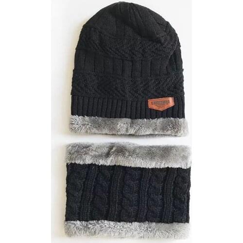 KENSHELLEY Men Winter Knitting Hat Scarf Set Men Ski Beanie and Windproof Scarf Set Thicken Plush Simple Wool Beanie Snood Set