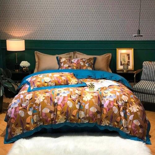 Watercolor Floral Birds Duvet Cover set HD print Bright Color Not Fade Soft 600TC Egyptian Cotton Comforter Cover Bed Sheet set