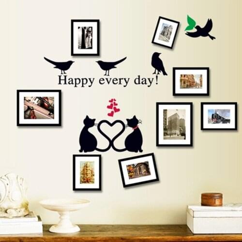 Couples Little Black Cat Photo Frame Blackboard Paste Picture Love Bird Ring Waterproof Removable Wall Stickers