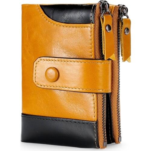 Panelled New mens wallet leather genuine top quality clutch purse double zipper short wallet man anti-theft fahsion slim wallet
