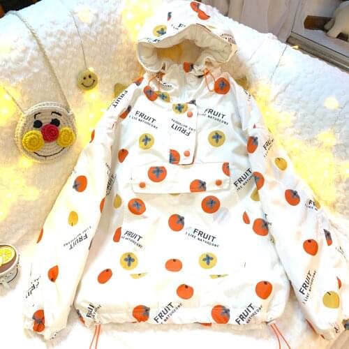 Japanese Soft Girl Letters Printed Red and Yellow Small Tomatoes Plus Cotton Thick Cotton Coat Loose Hooded Parkas Coat Women